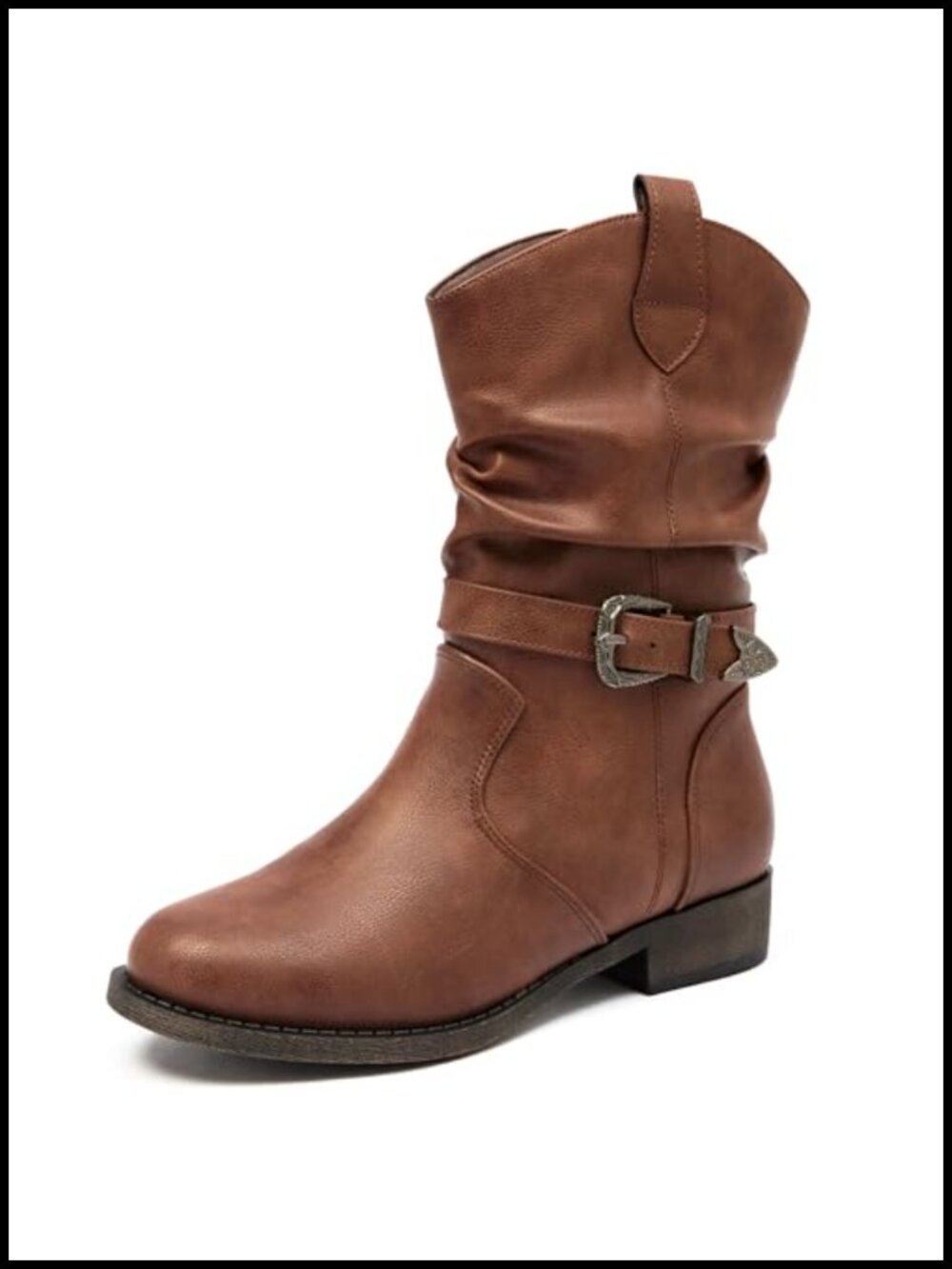 Women's Faux Leather Mid-Calf Cowboy Boots Low Heel Zip Booties